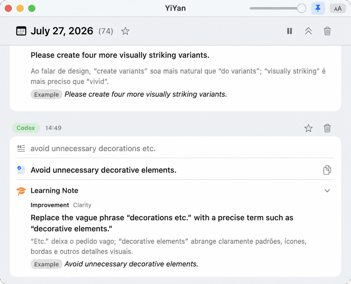 O registro de aprendizado do YiYan no macOS