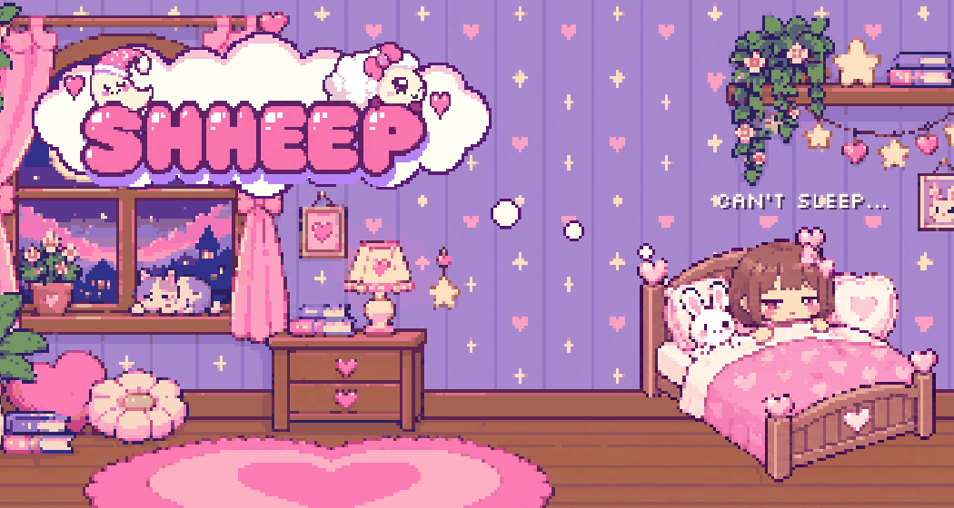 Shheep’s pixel bedroom, with a sleepy girl and a sheep-filled thought bubble