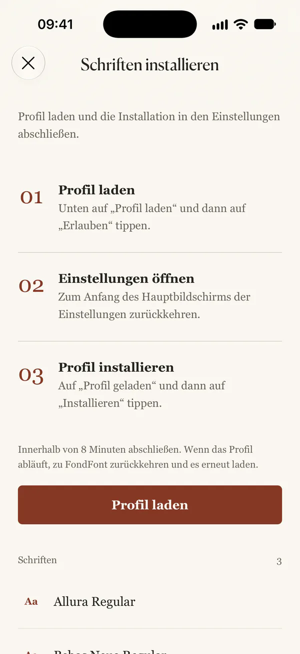 Die Download-Anleitung für das Profil. Profil laden startet den Download.