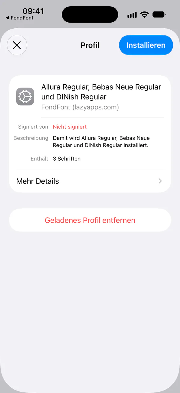 Die Profilinstallation in den iOS-Einstellungen. Installieren befindet sich oben rechts.