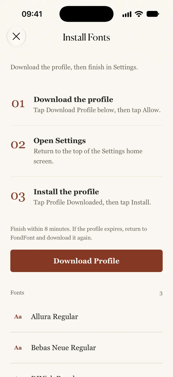 The profile download guide. Download Profile starts the download.