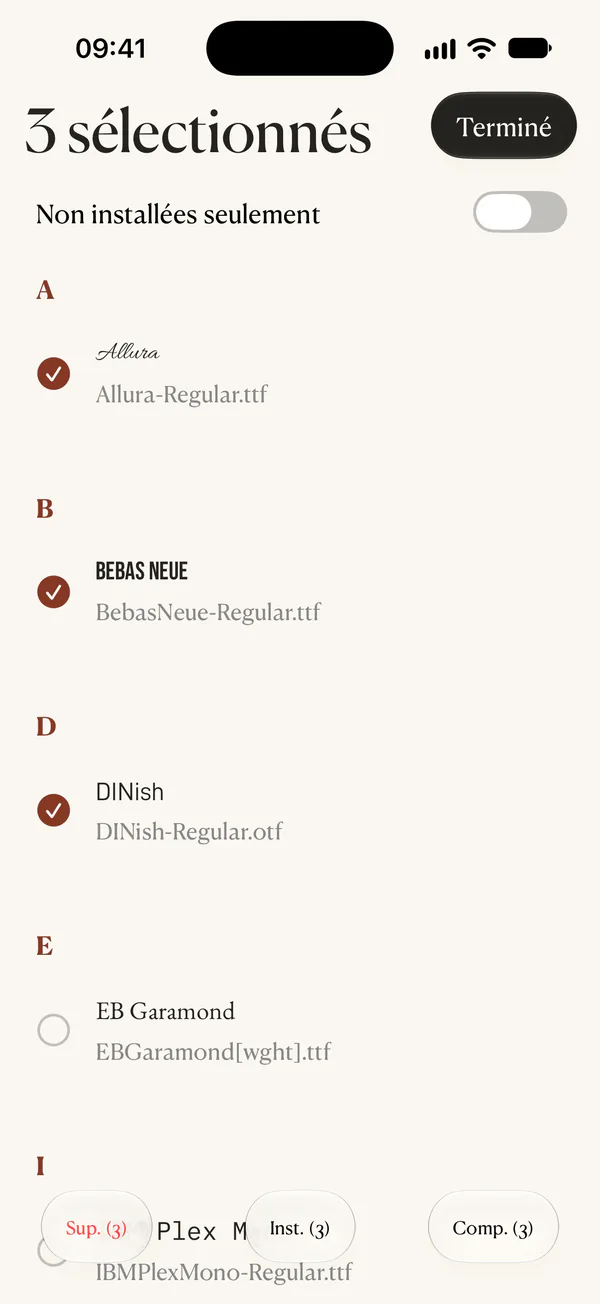 La sélection de polices dans FondFont. Le bouton « Inst. » se trouve en bas de l’écran.