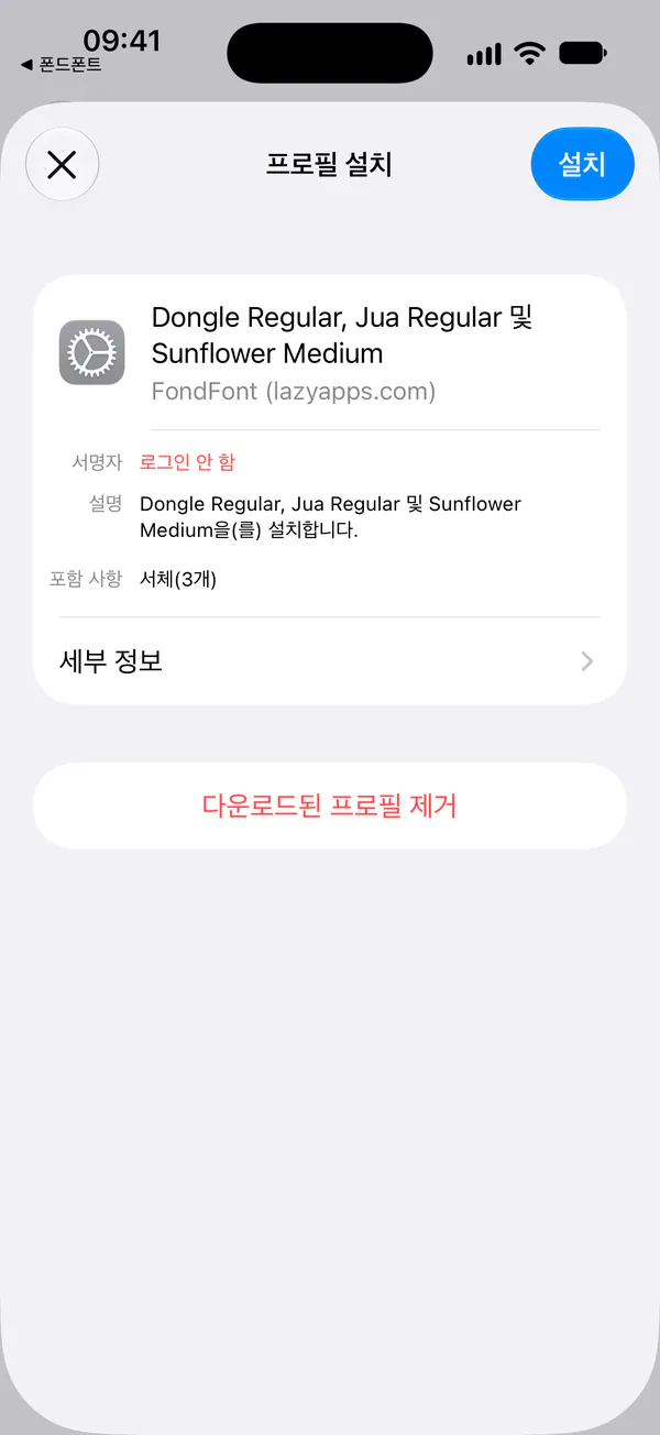 iOS의 프로필 설치 화면. 설치 버튼은 오른쪽 위에 있습니다.